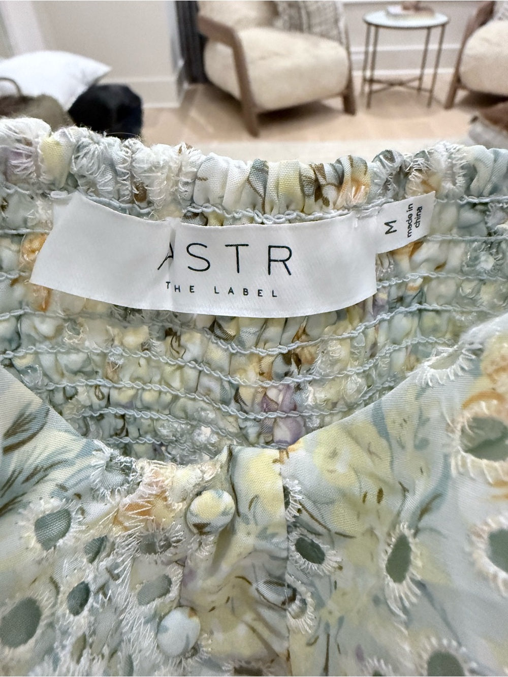 Astr Pale Green and Yellow Floral Smocked Blouse