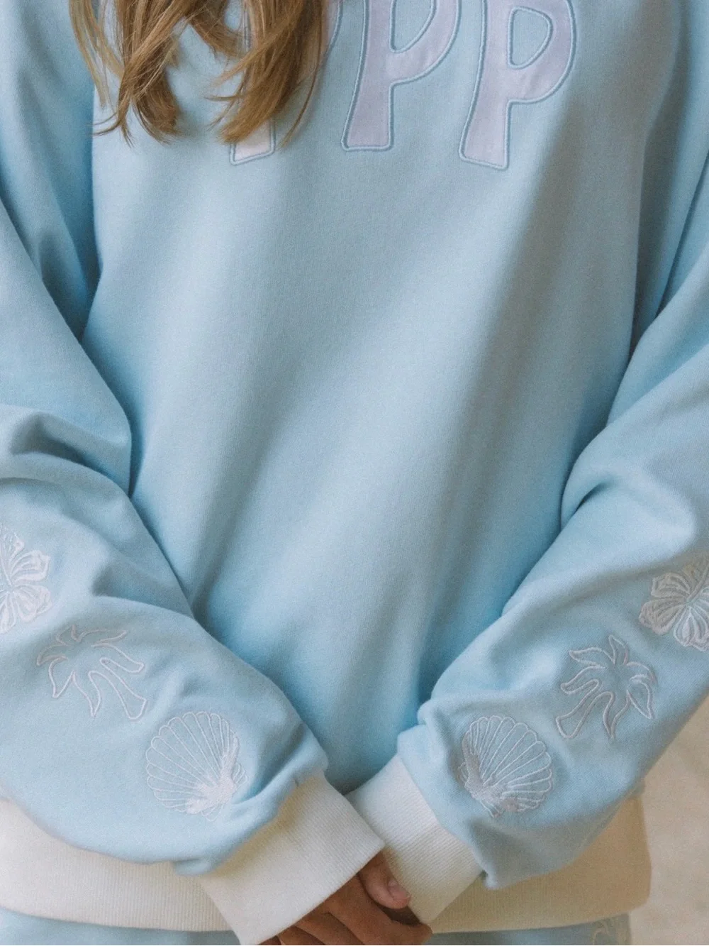 Limited Edition Pink Palm Puff Classic Crew in Blue Breeze